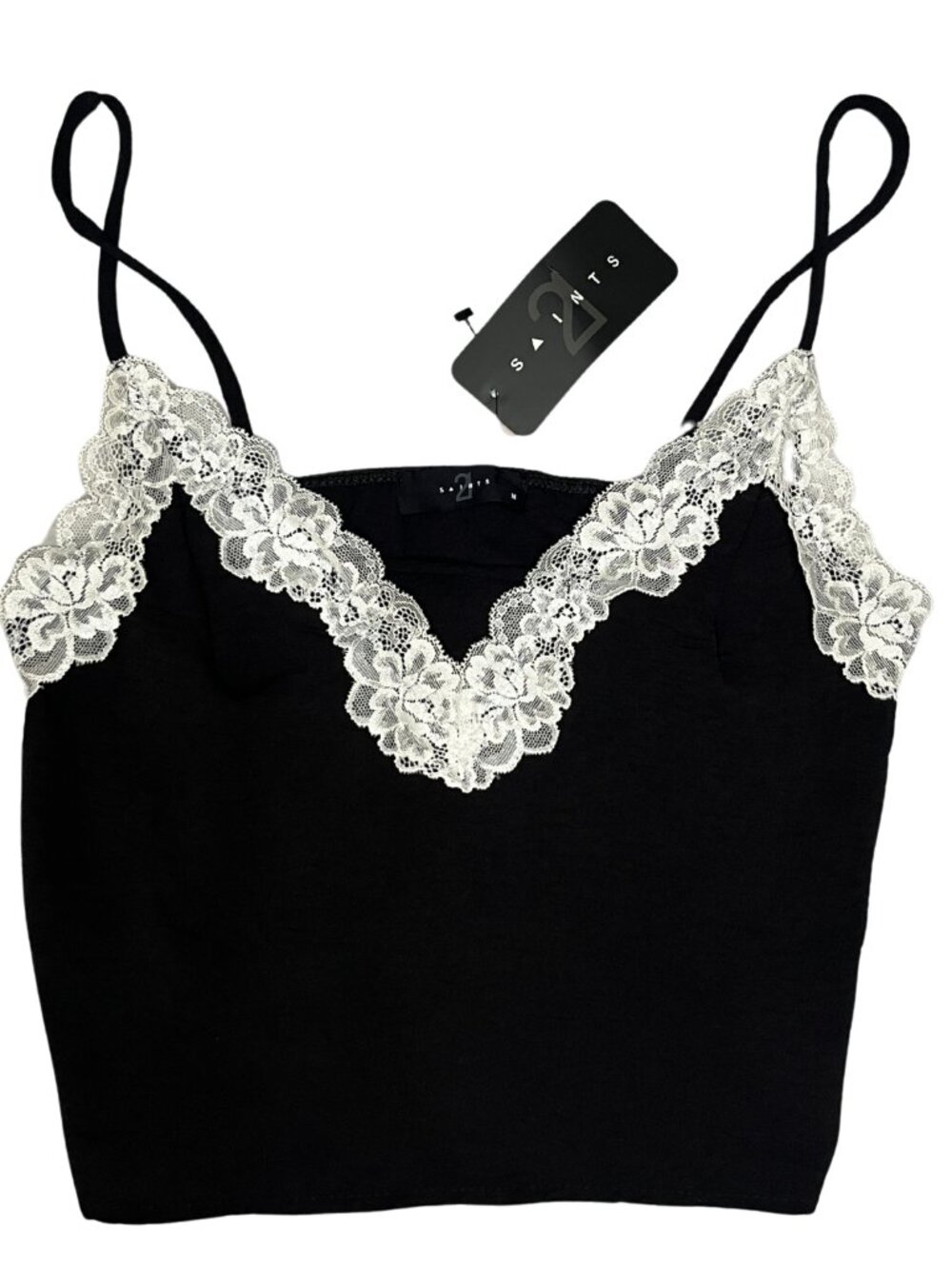 NWT 21 Saints Cami Tank Top Blouse Women's Size M Black Lace Trim Coquette Y2K